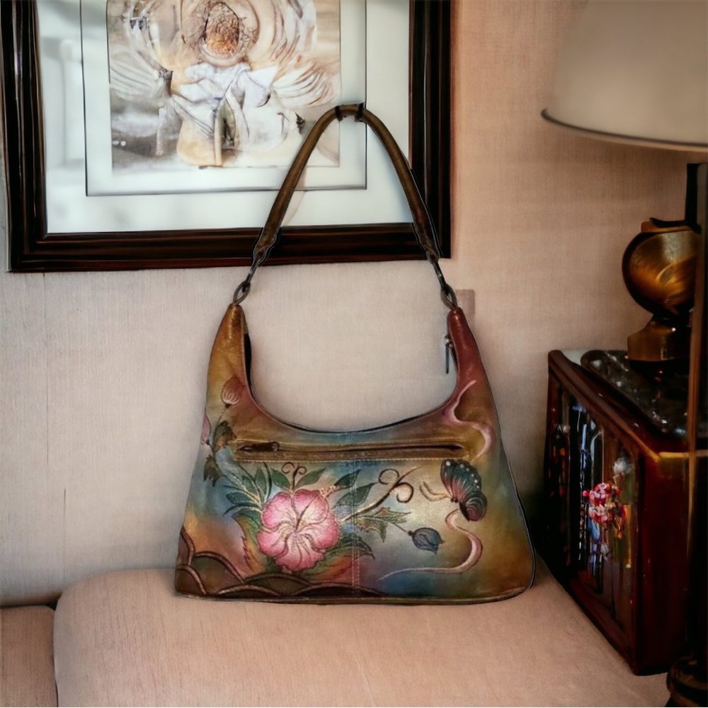 Anushka Leather Hand Painted Hibiscus Butterflies Shoulder Hobo Bag
